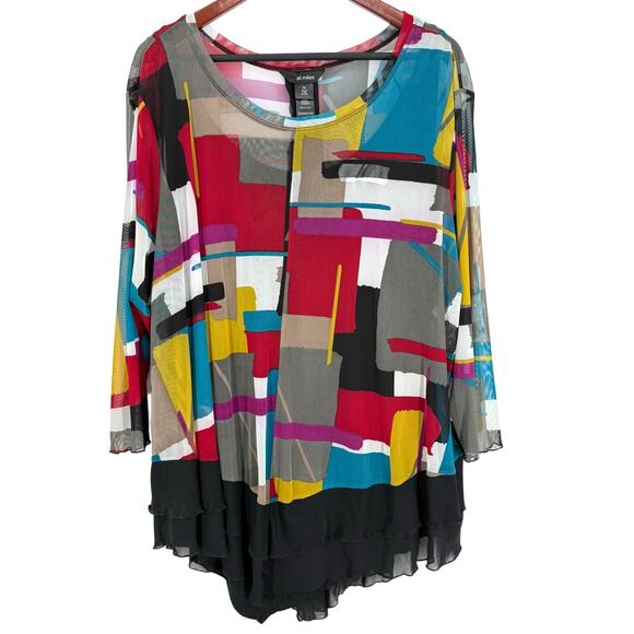 Ali Miles Plus Size 3X Geometric Wearable Art to Wear 2-Layer Blouse Shirt Top - Picture 1 of 10